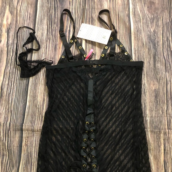 NWT Seven ‘til Midnight Shadow stripe & lace Chemise Grommet detail Lace up Sz L - Picture 10 of 12